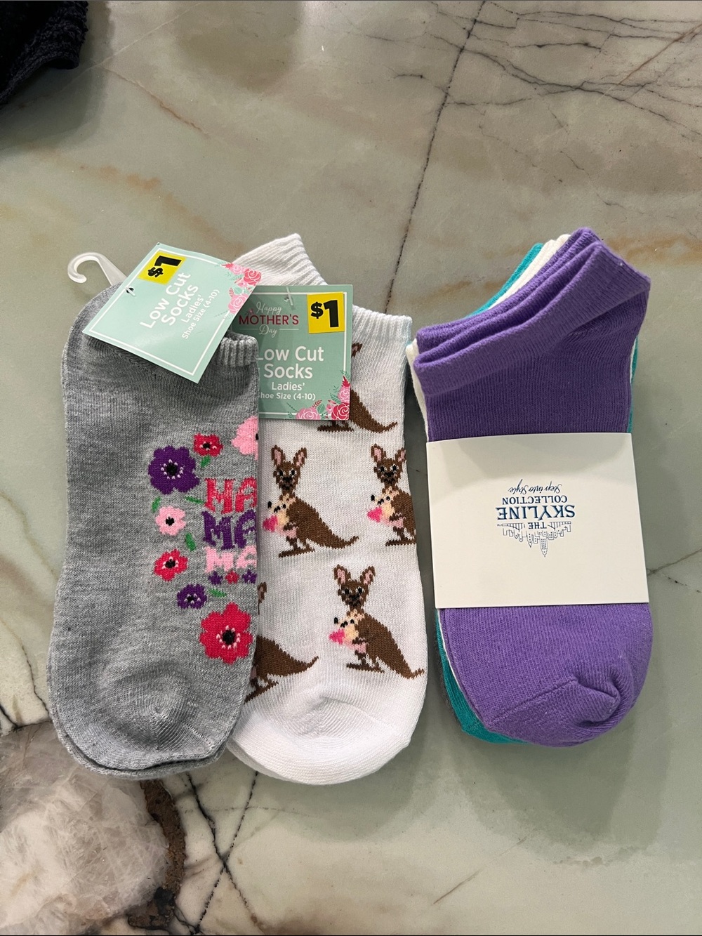 Ladies Low Cut Mother’s Day Socks - Floral, Kangaroo & Solid Purple Teal Pack